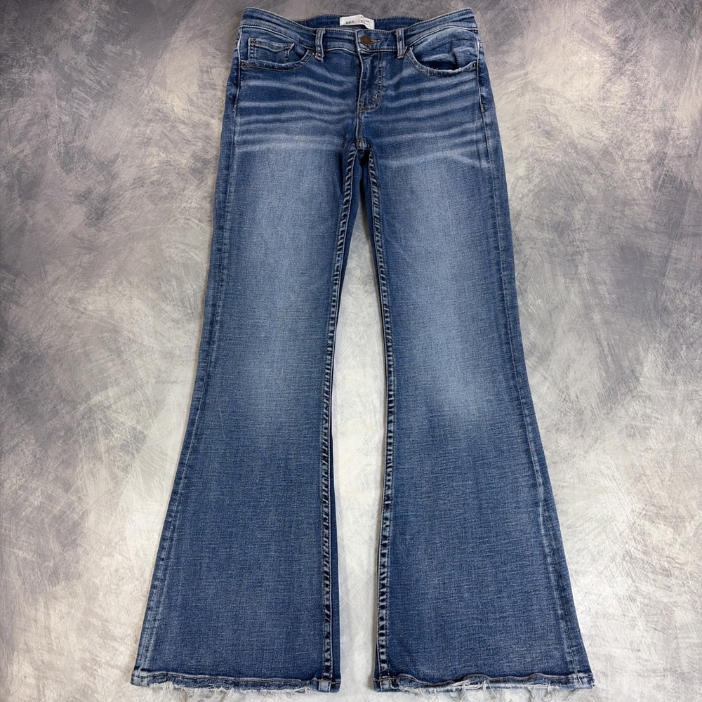 BKE Payton Flare Jeans Womens 28 Blue Mid Rise Distressed Raw Hem Stretch Denim